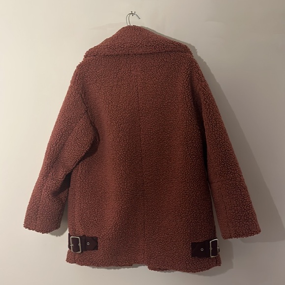 ASOS Teddy Bear Borg Oversized Burgundy Jacket Coat Belt women size Medium - Picture 5 of 9